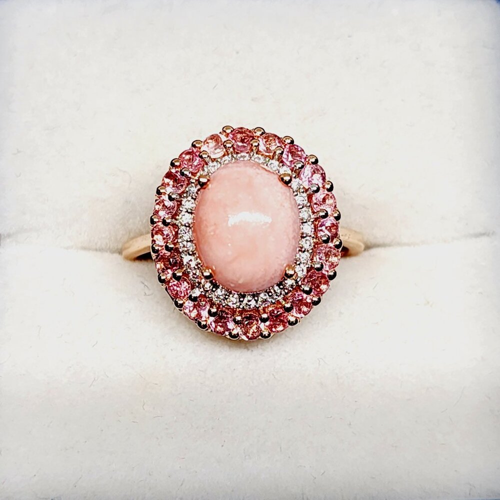 Premium Oregon Peach Opal, Pink Tourmaline & Moissanite Halo ring in RG over 925
